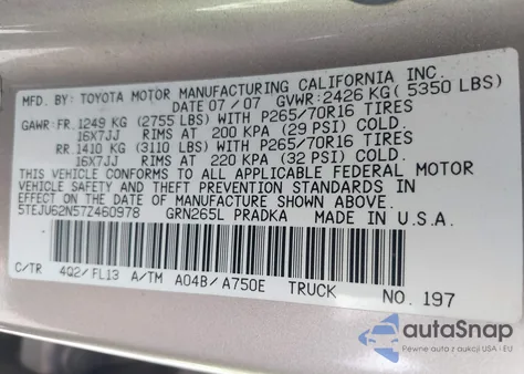 2007 Toyota Tacoma Prerunner V6 from USA, damaged, VIN 5TEJU62N57Z460978